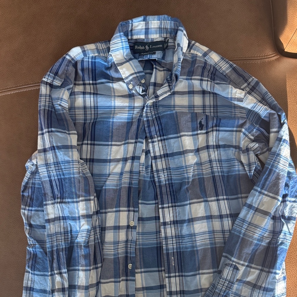 Ralph Lauren Men's Casual Blue and White Plaid Shirt